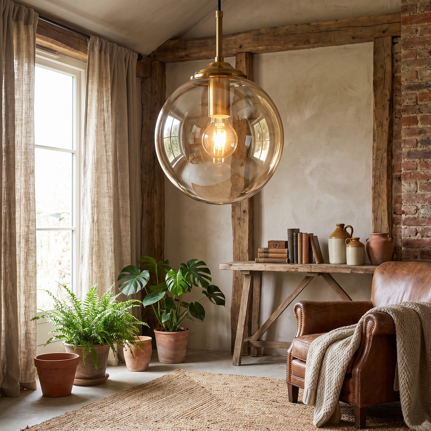 Smoked Glass Globe Pendant Light Brass Nordic Hanging Lamp