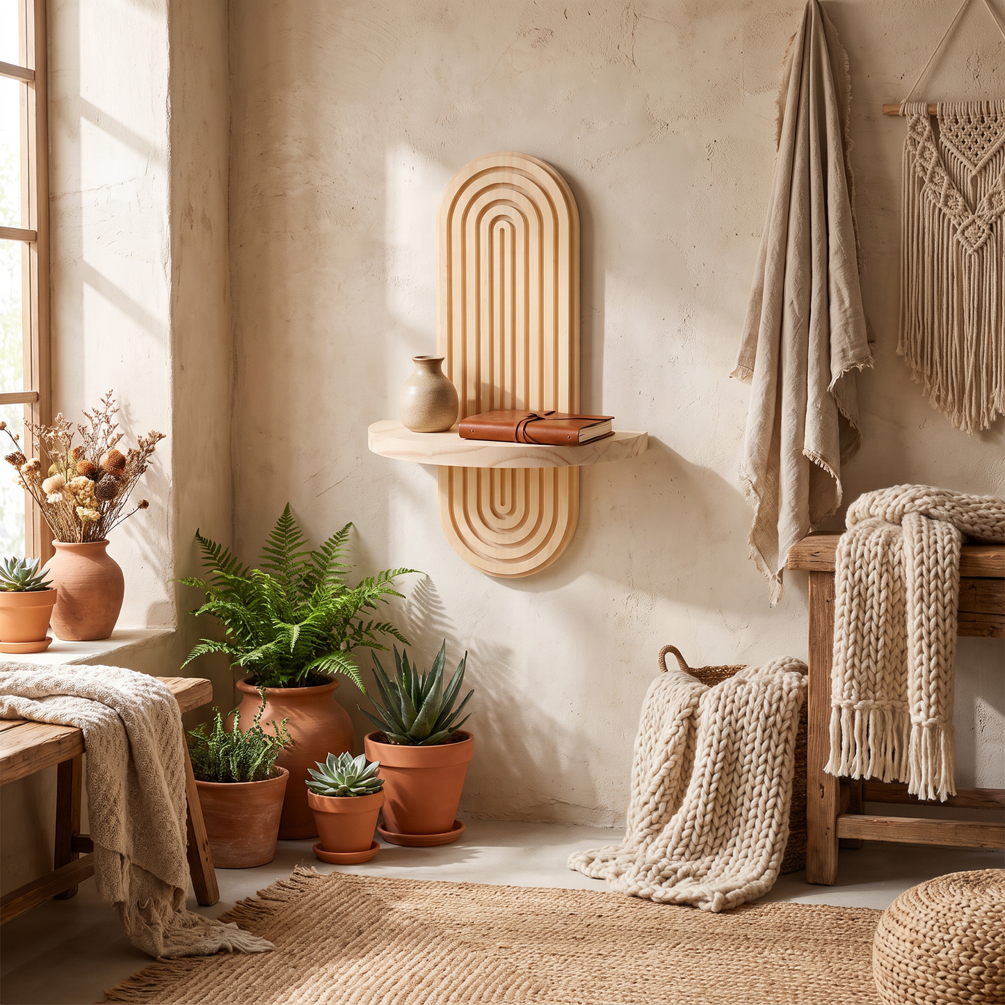Arched Wooden Wall Shelf Boho Geometric Floating Display