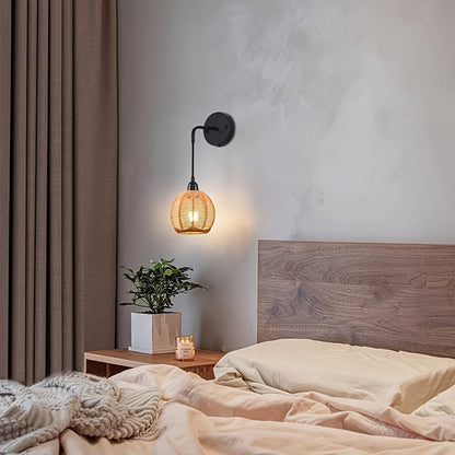 Boho Rattan Wall Light | Handwoven Bedside & Living Room Sconce
