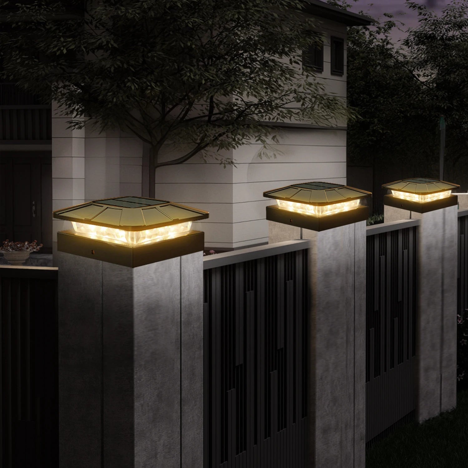Solar cap lights along a deck rail at night
