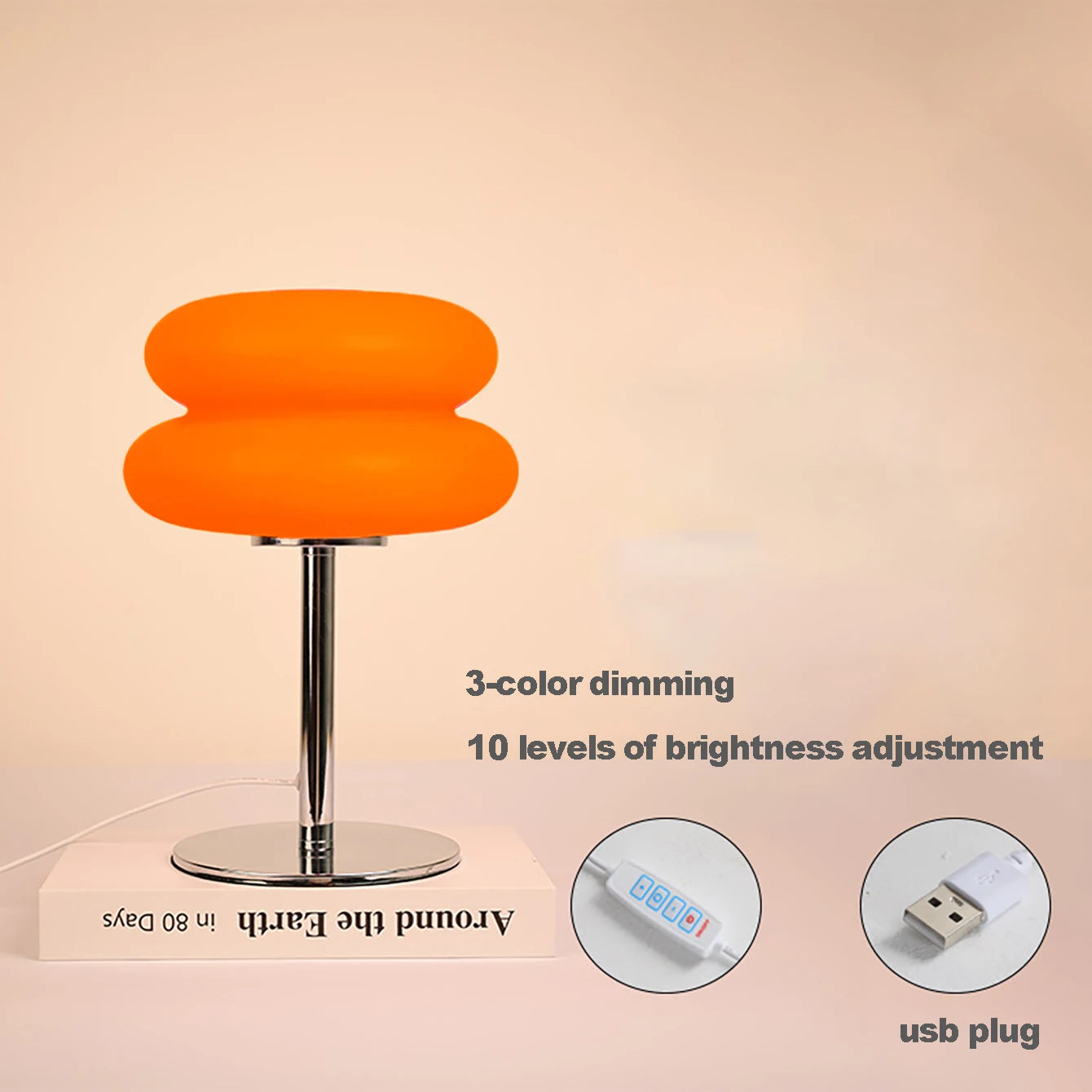 Lamp lit warm on a bedside table at night