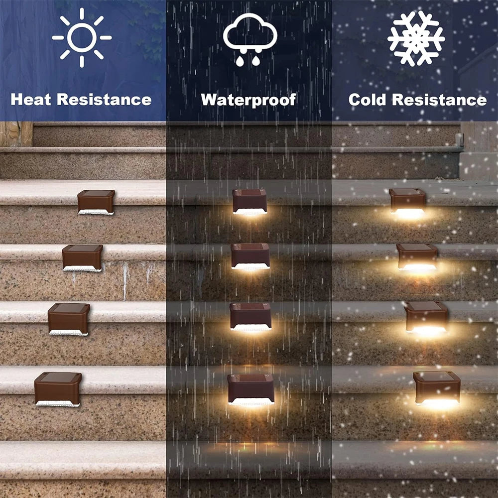 Warm white solar lights along garden steps