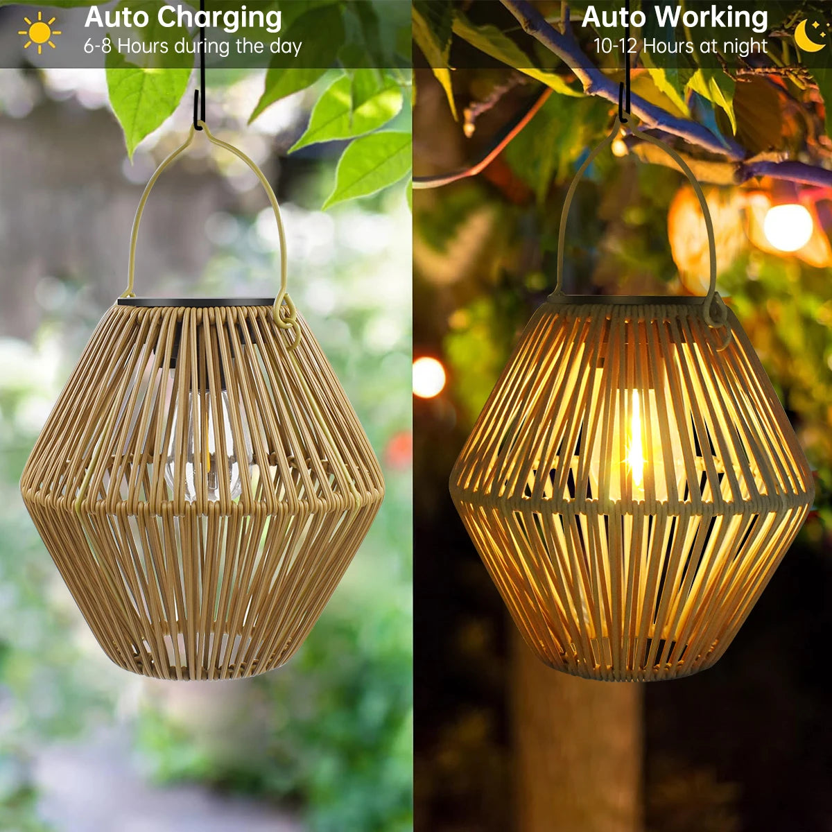 Woven lantern lit, showing the pattern through the weave