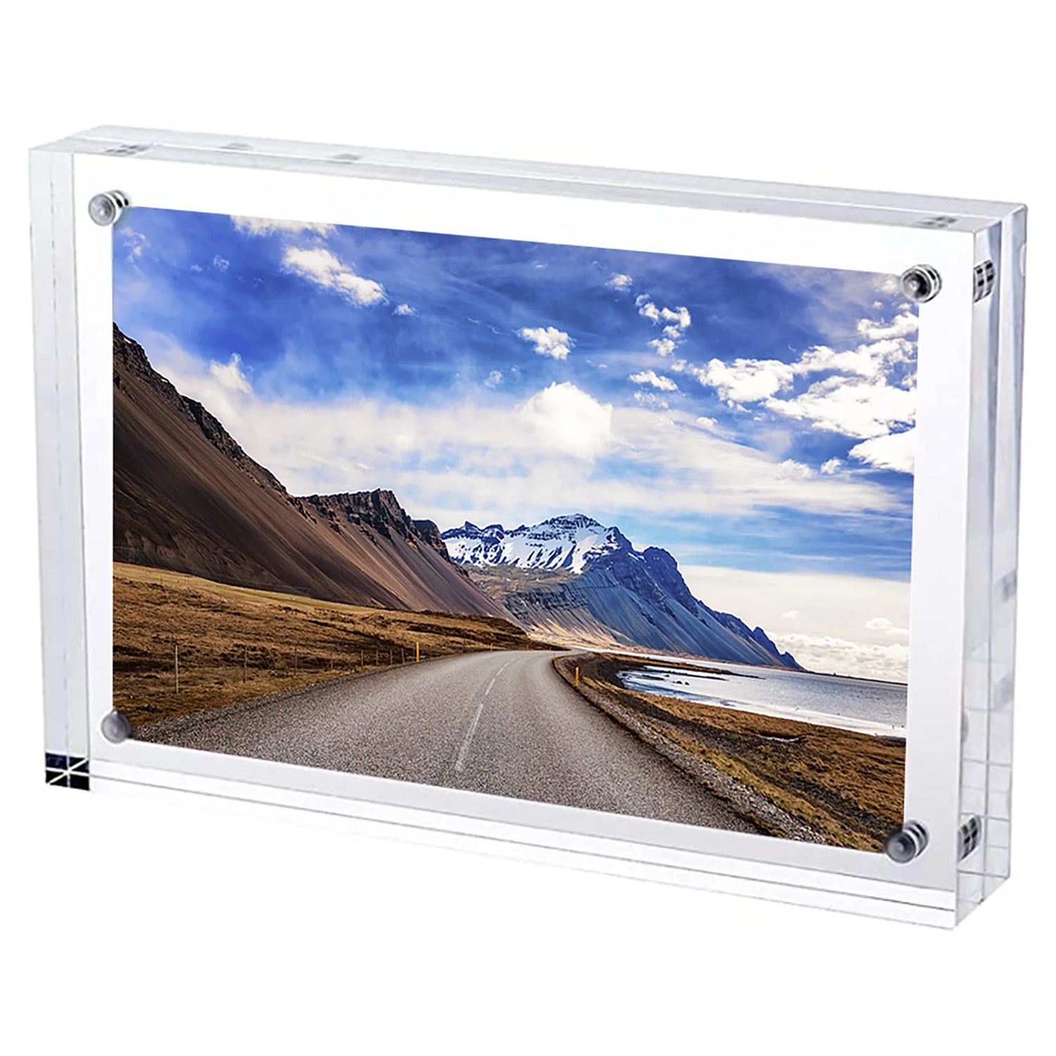 Landscape photograph floating between two acrylic panels