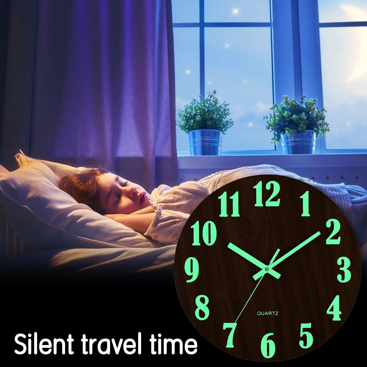 Luminous wall clock glowing green in a dark bedroom