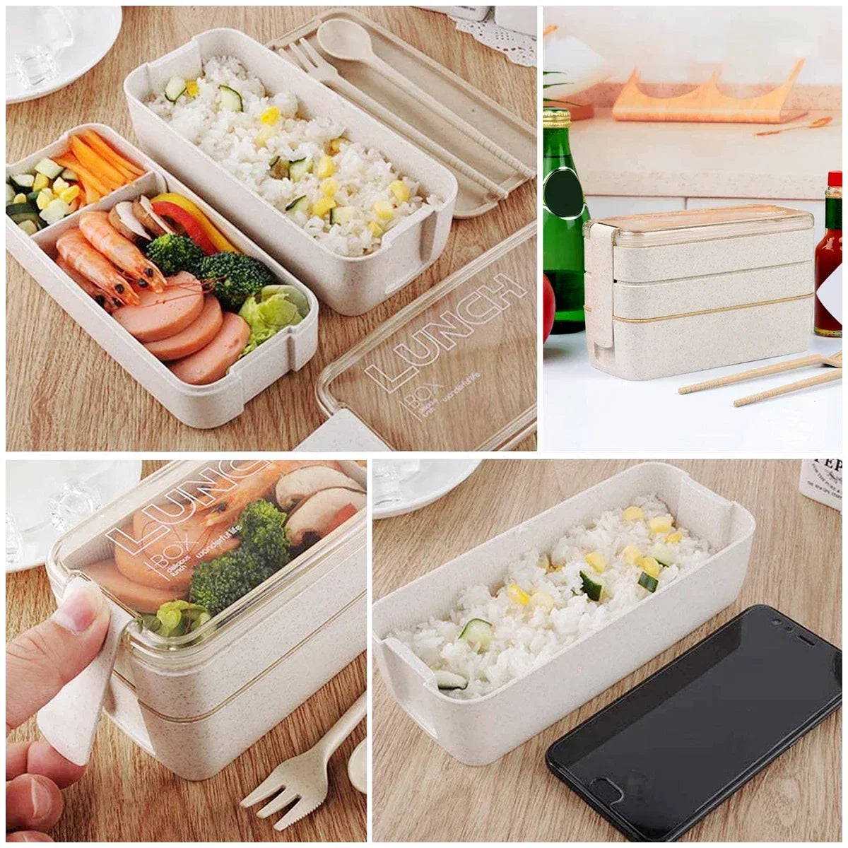 3-Tier Bento Lunch Box | Wheat Straw, 900ml Leakproof | EcoStack