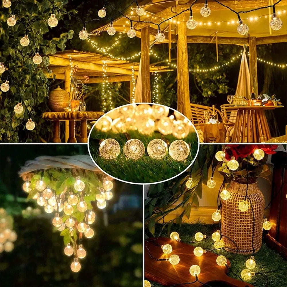 String lights over an outdoor dining table