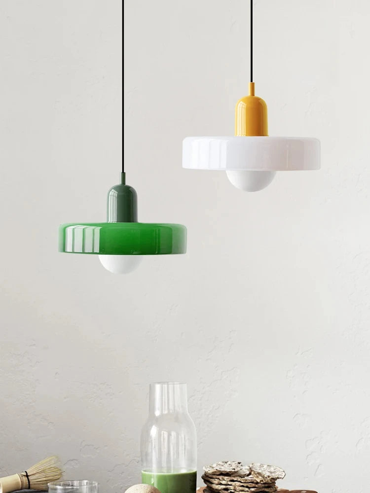 Pendant light shown over a kitchen island