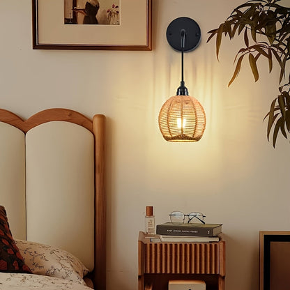 Boho Rattan Wall Light | Handwoven Bedside & Living Room Sconce