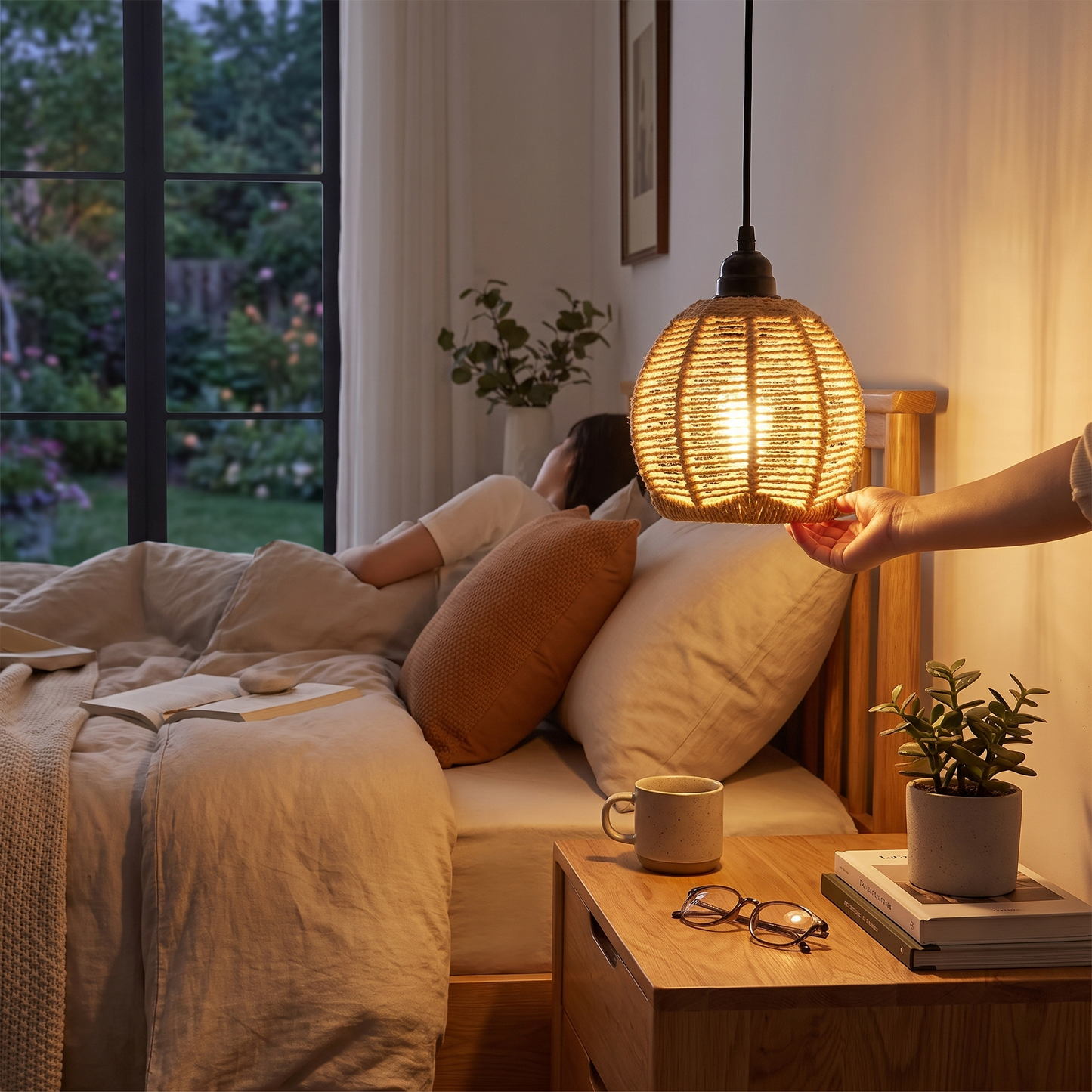 Boho Rattan Wall Lamp in a lived-in home setting
