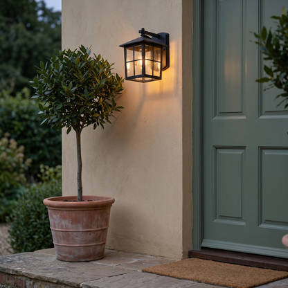 Camden vintage lantern wall light beside a painted front door at dusk
