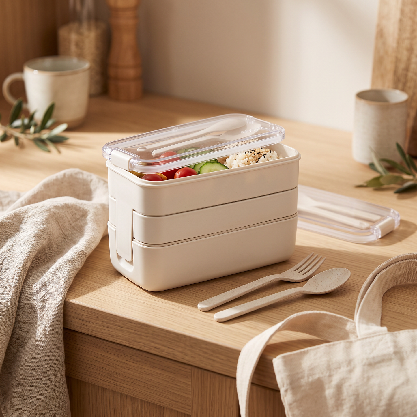 Three-tier wheat straw bento lunch box on a kitchen table