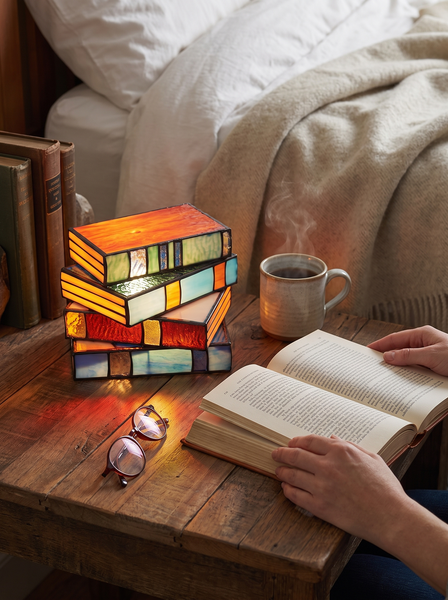 Close detail of the hand leaded coloured glass panels of the book lamp