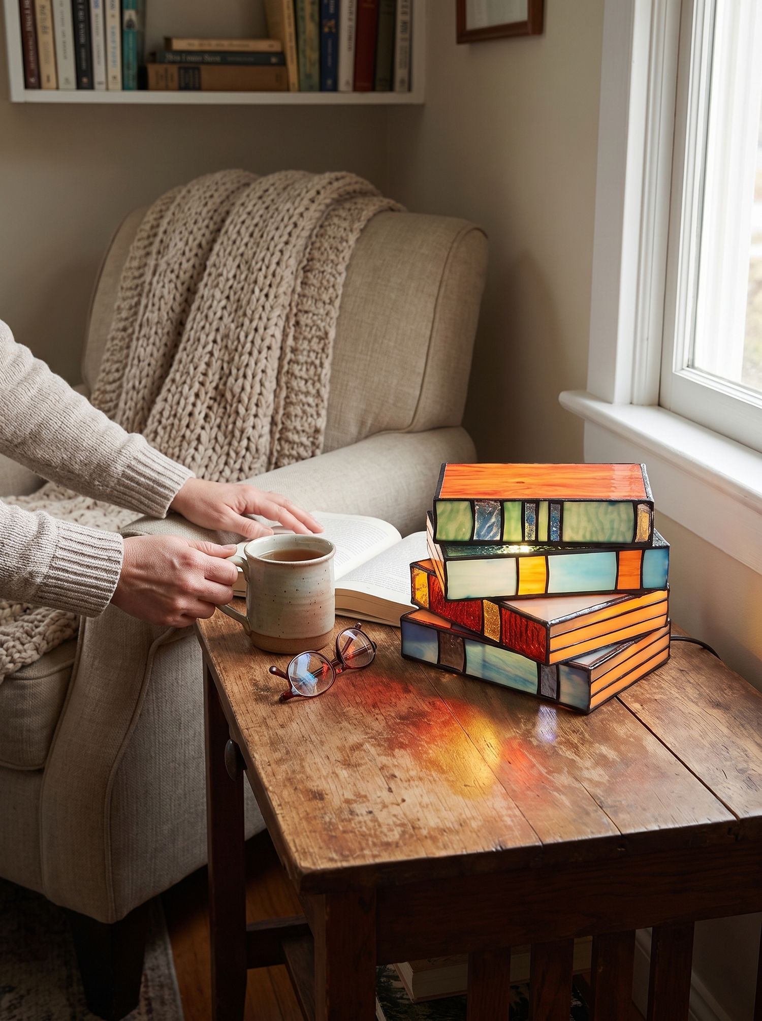 Stained Glass Book Lamp lit in a reading corner beside a chair
