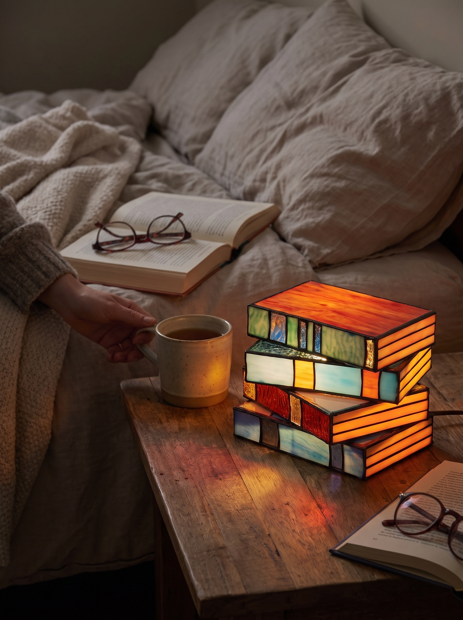 Stained Glass Book Lamp glowing on a shelf as a sculptural piece