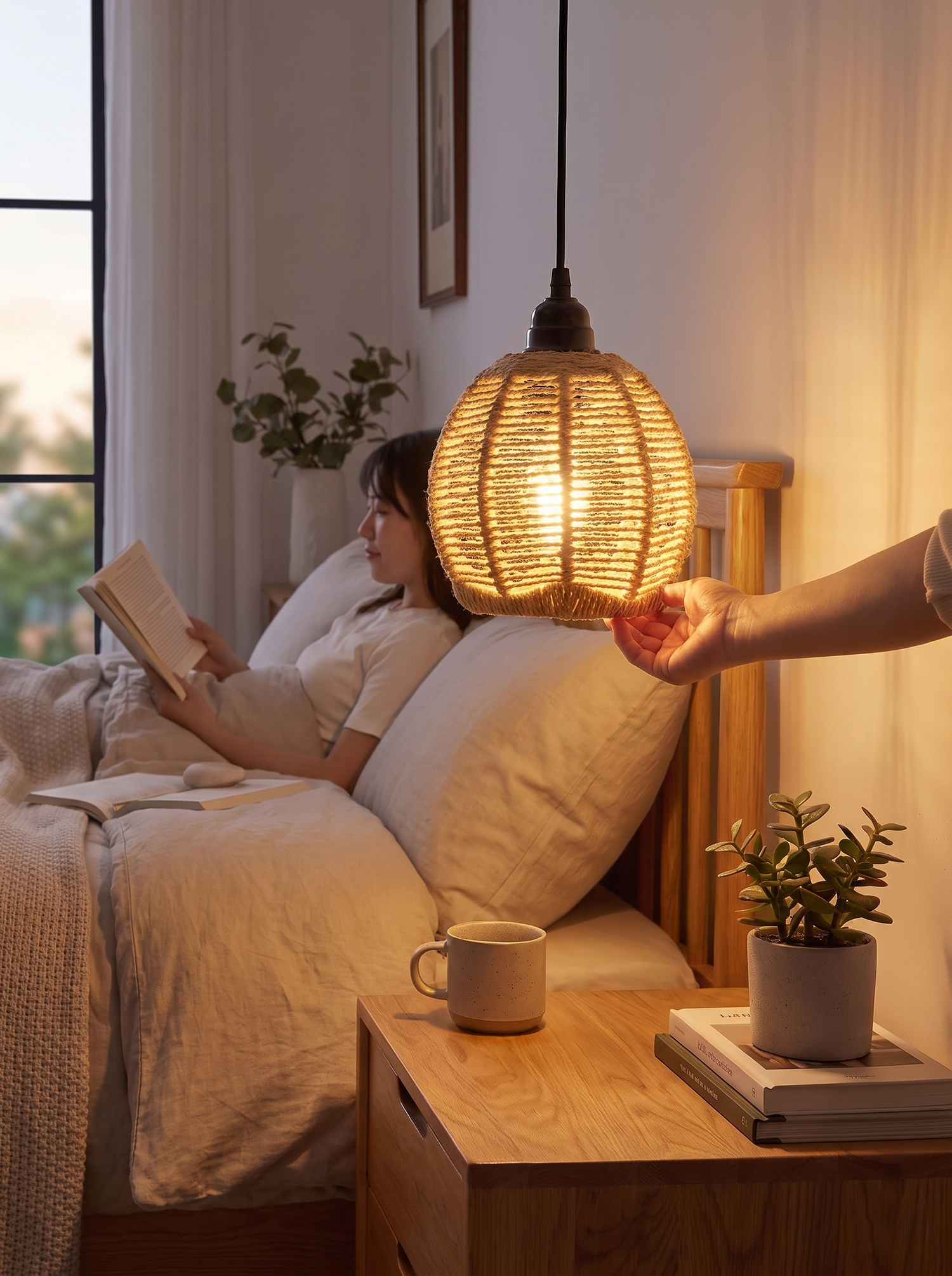 P1S1 Boho rattan wall lamp light through the weave
