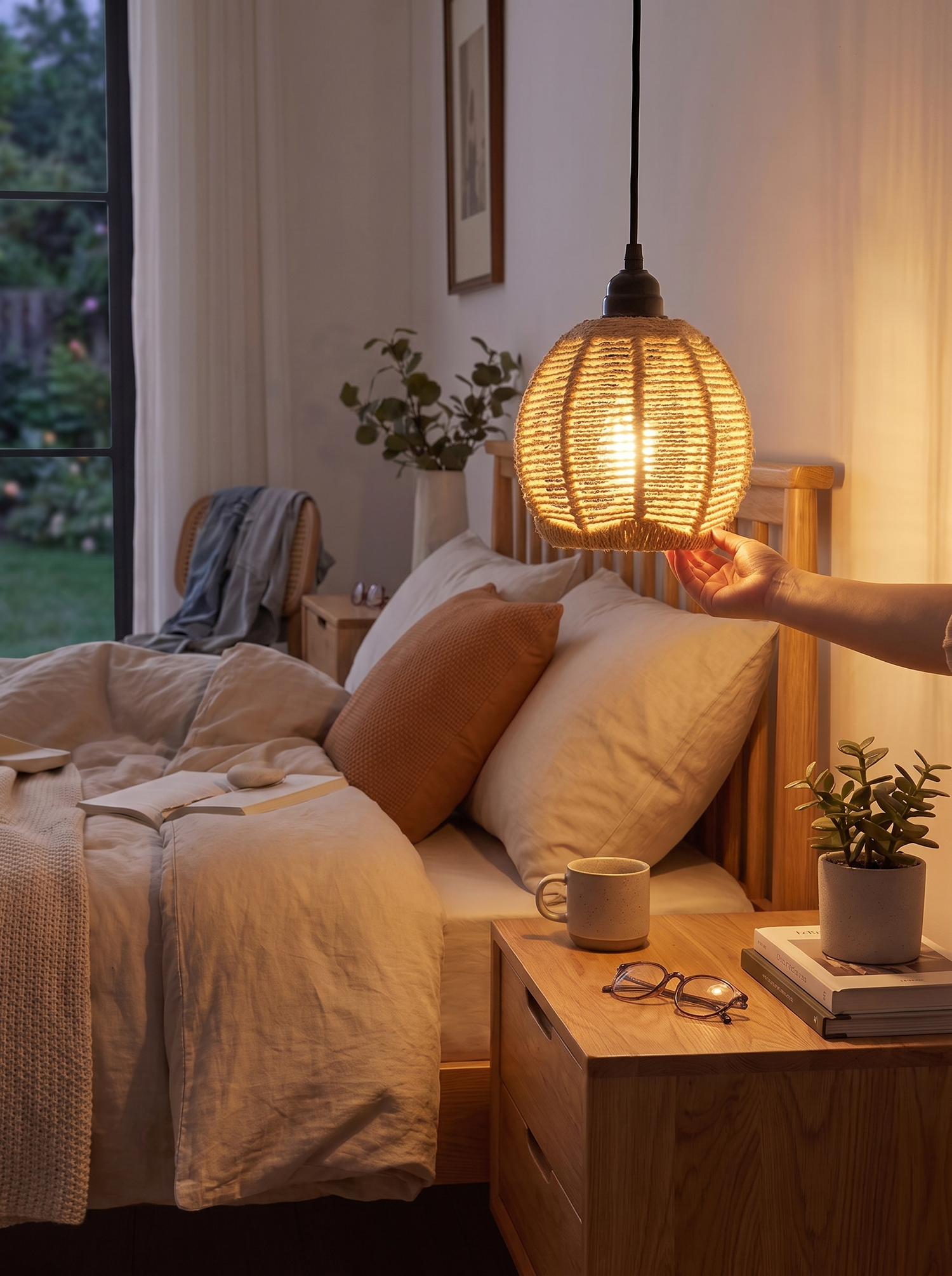 P1S3 Boho rattan wall lamp adjustable drop beside a bed