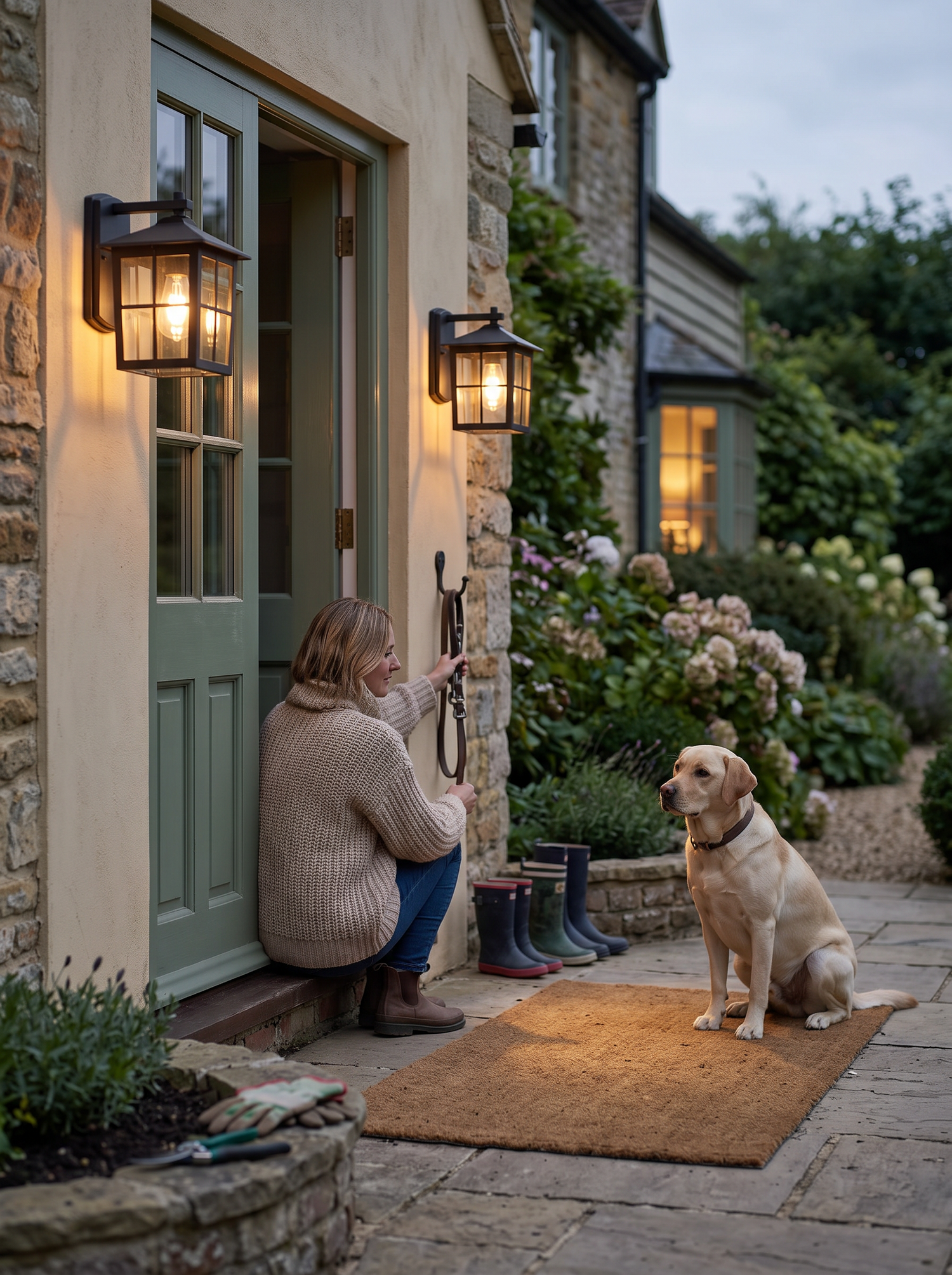 P10S1 Camden outdoor wall lamp coaching lantern beside a door