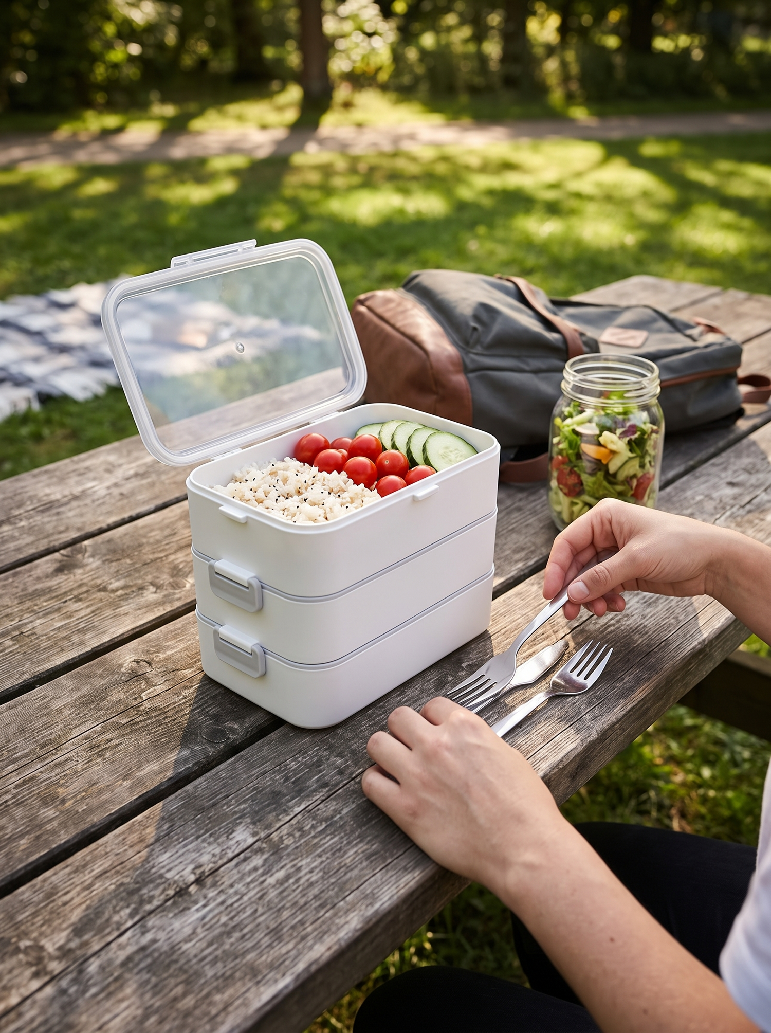 P14S1 EcoStack bento box stacked into three tiers