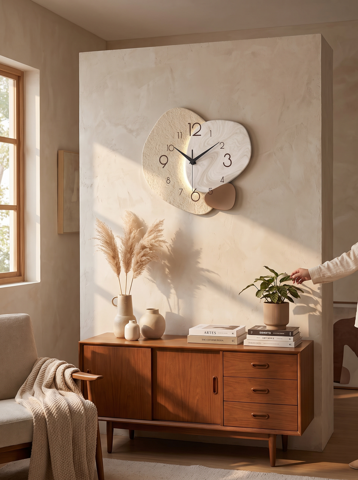 Q1S3 TempoStone wall clock scaled above a sofa