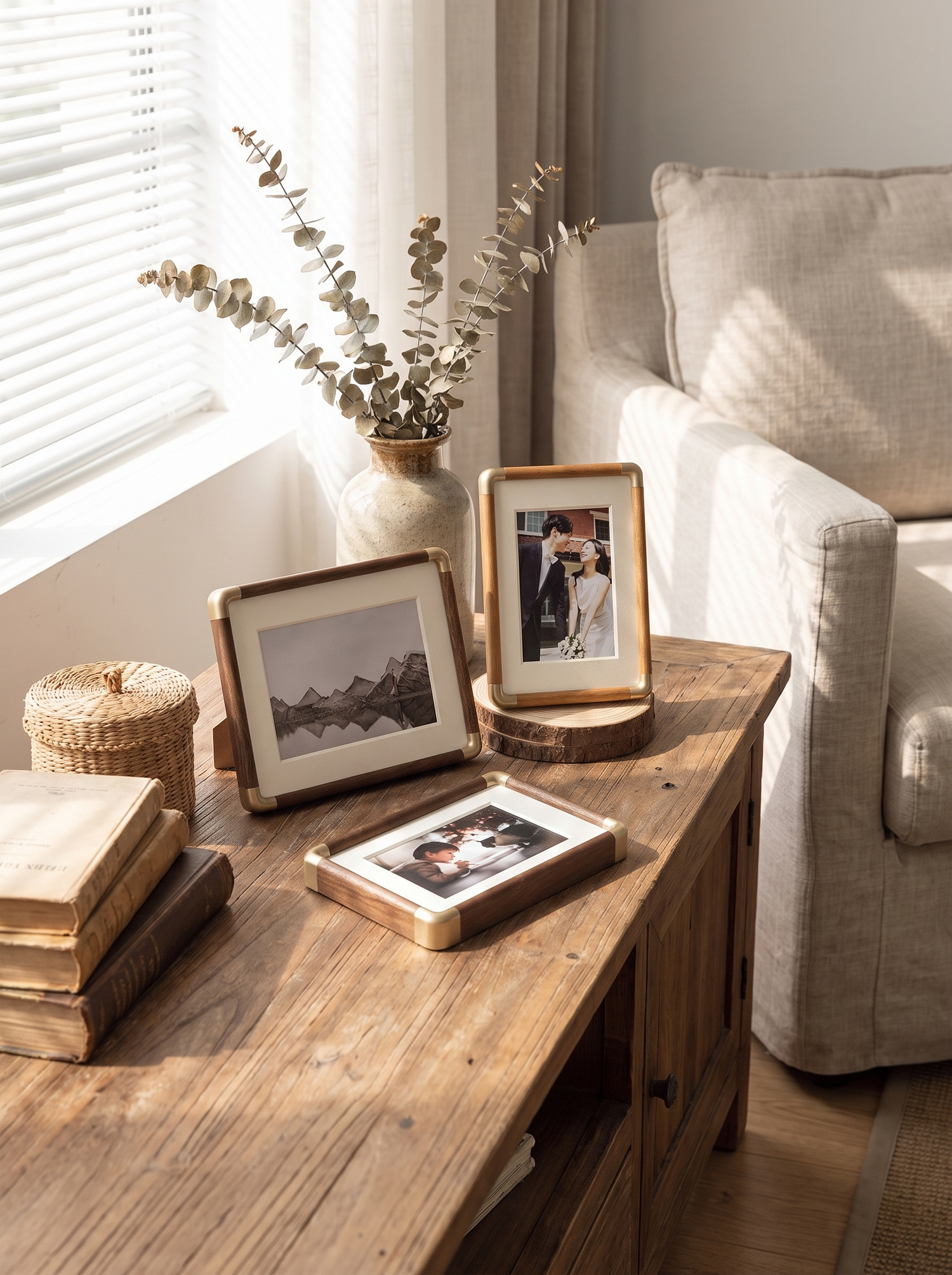 Q6S1 Brooks photo frame in wood and brass on a desk