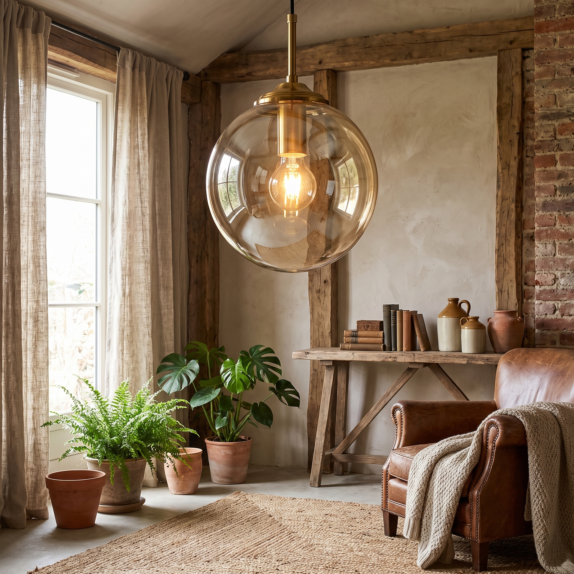 Smoked Glass Globe Pendant Light Brass Nordic Hanging Lamp