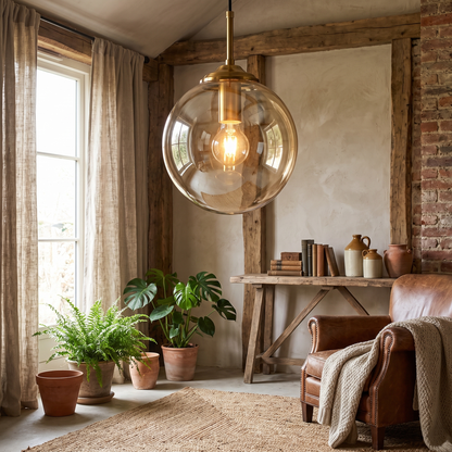 Smoked Glass Globe Pendant Light Brass Nordic Hanging Lamp