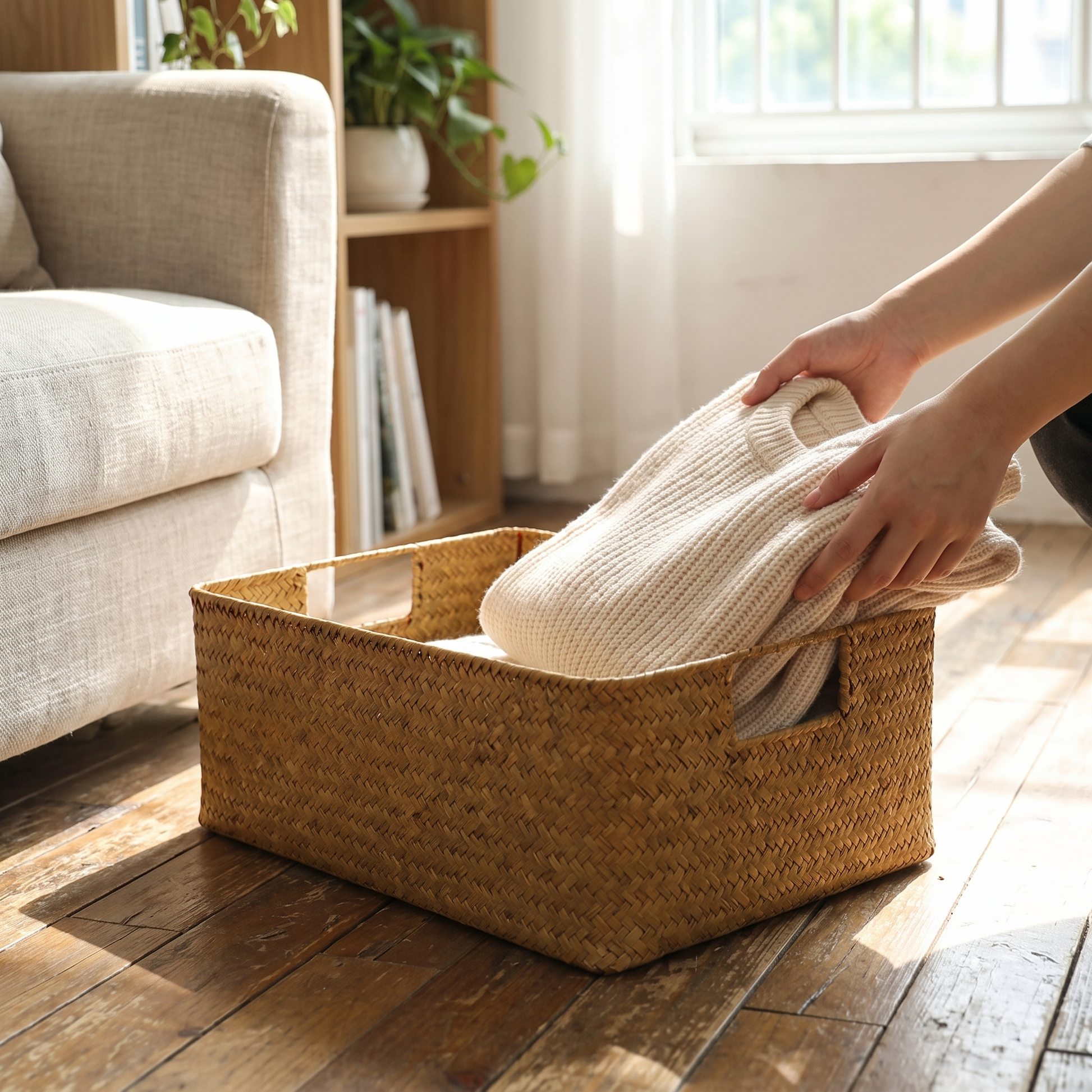 Woven Seagrass Basket Natural Wicker Storage and Plant Basket