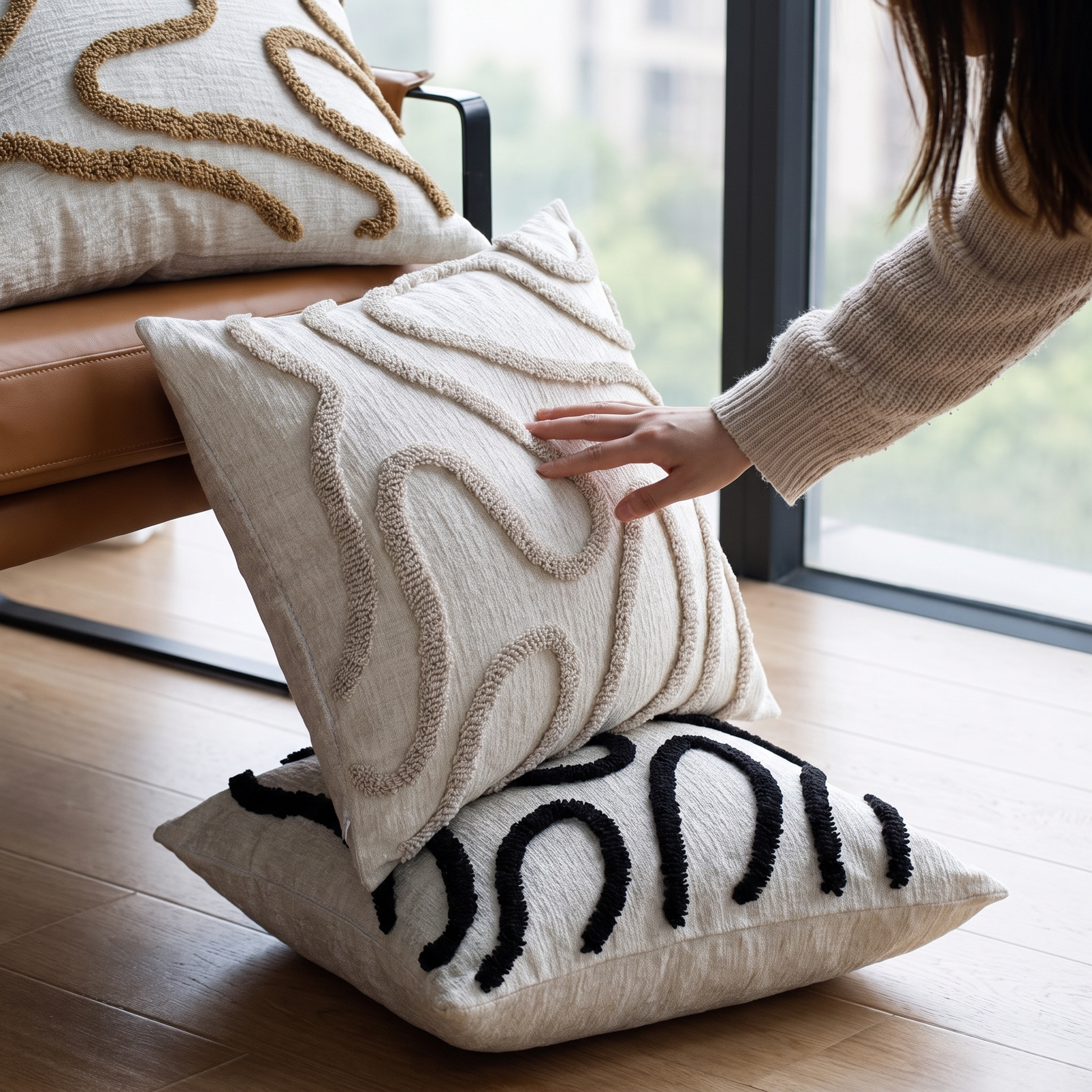 Boho Chenille Cushion Cover Tufted Geometric Lines 45x45cm