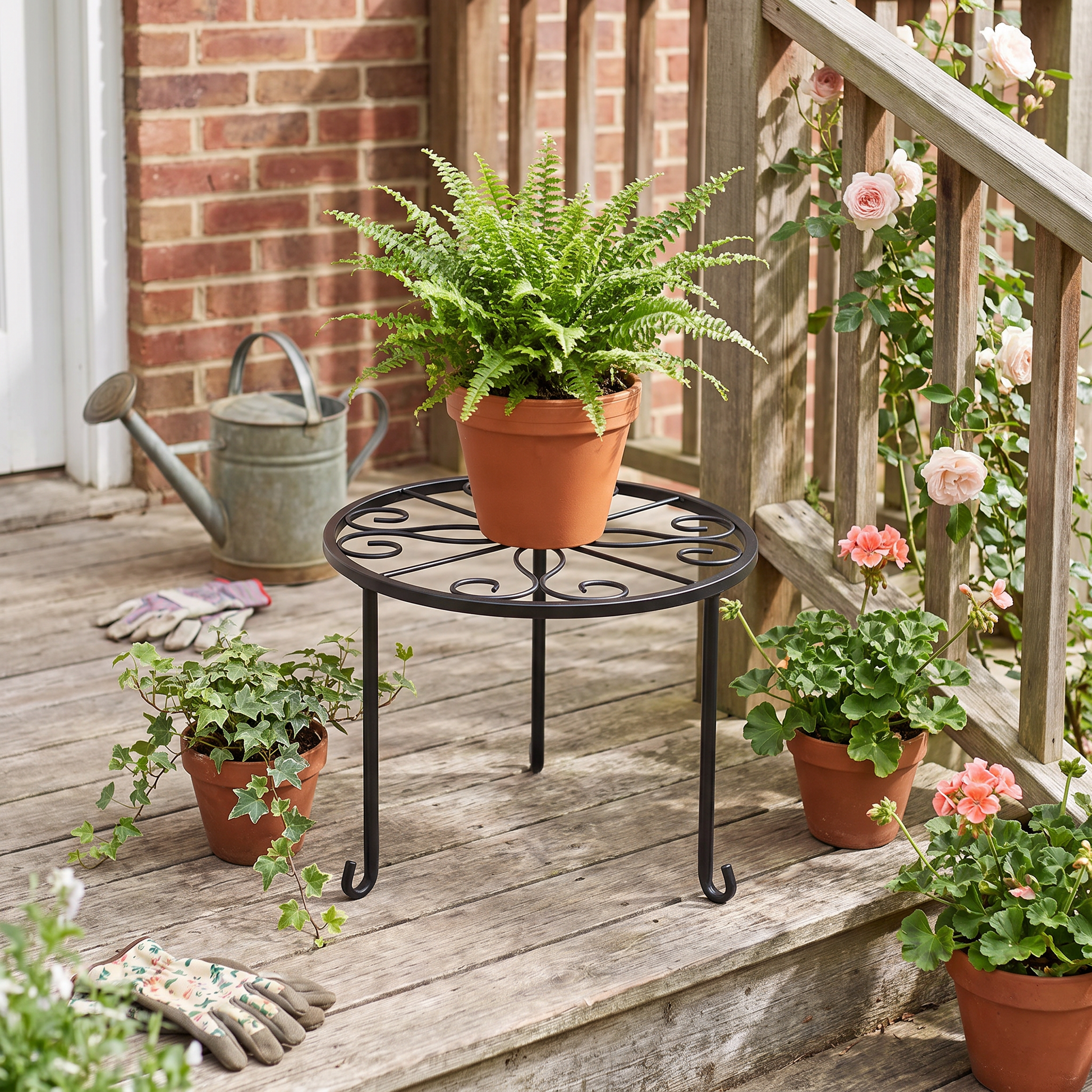 Iron Plant Stand Low Scrollwork Pot Rack for Patio and Balcony