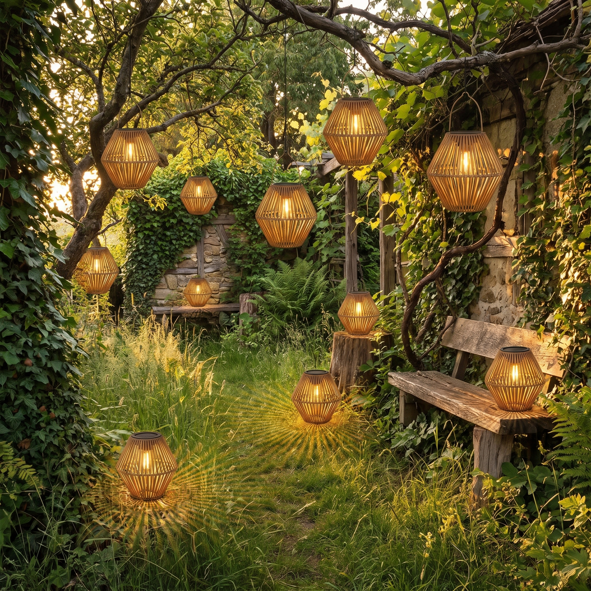 Woven Solar Lantern Boho Hanging Garden Light