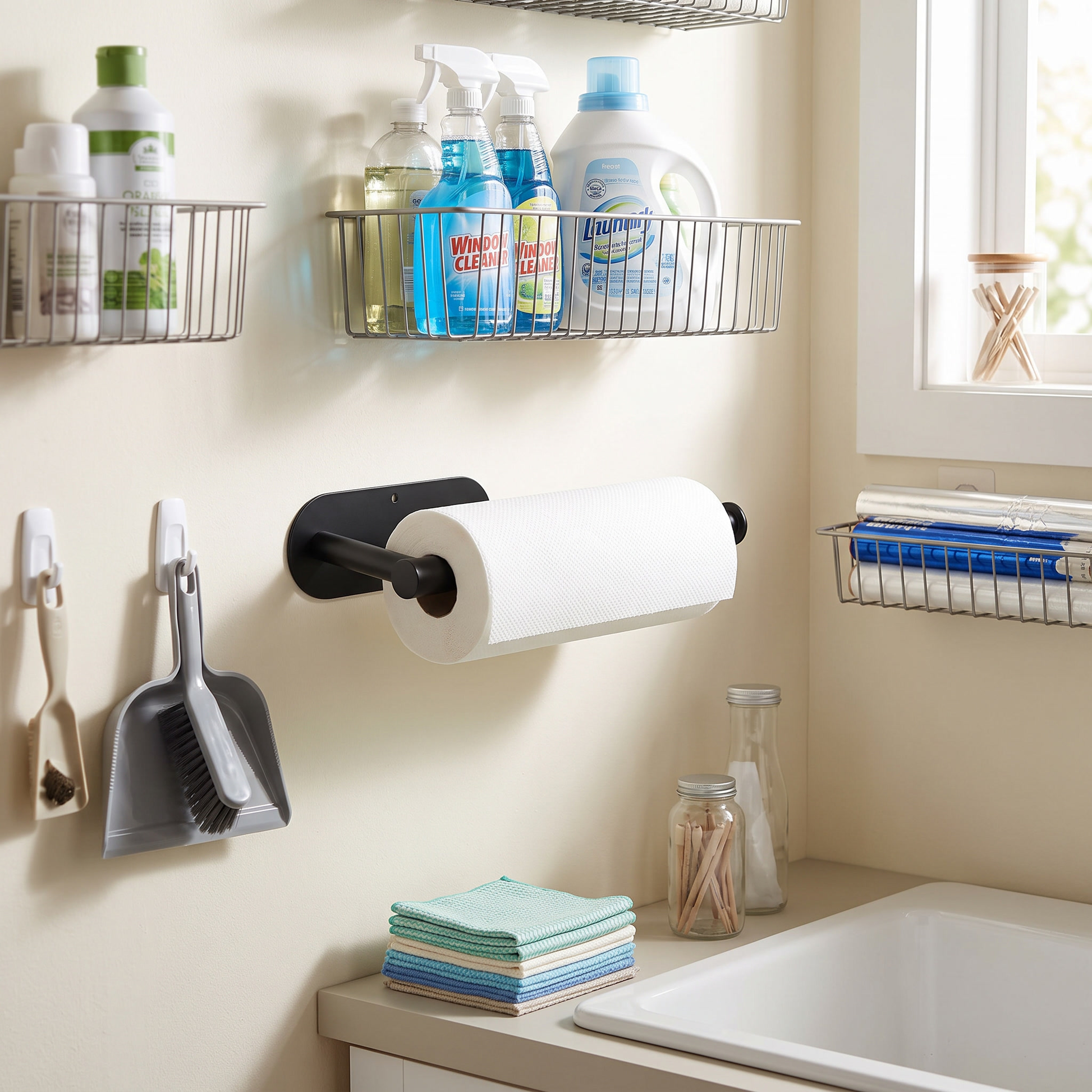 Wall-Mounted Paper Towel Holder No-Drill Kitchen Roll Rail