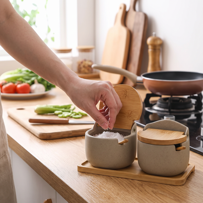 Wabi-Sabi Ceramic Seasoning Jar with Wooden Spoon