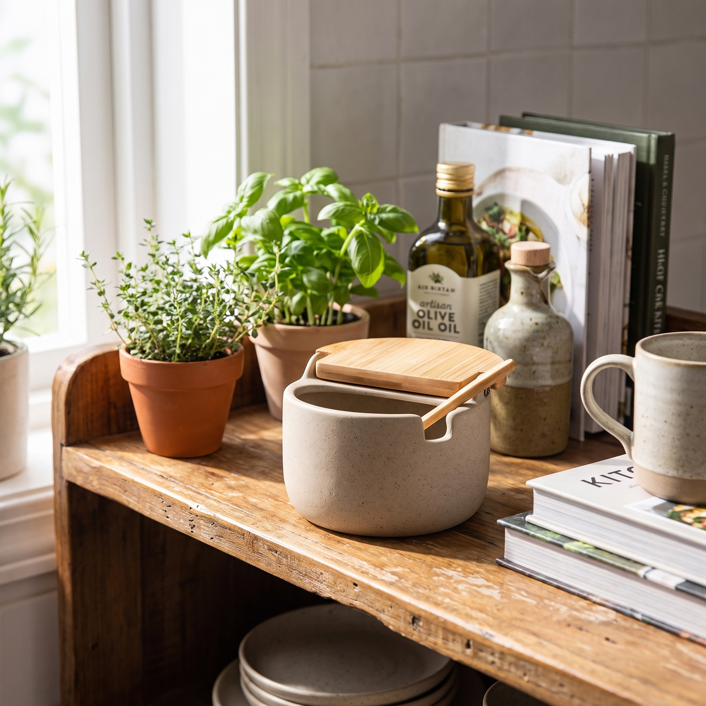 Wabi-Sabi Ceramic Seasoning Jar with Wooden Spoon