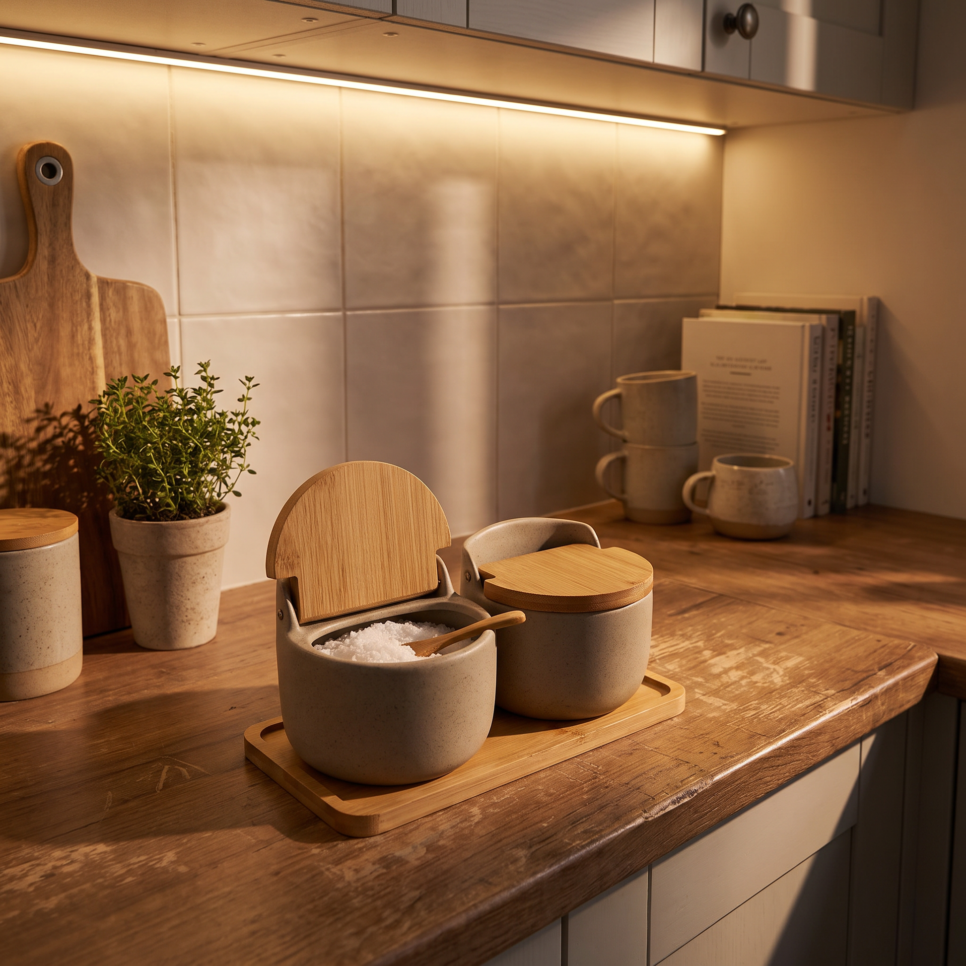 Wabi-Sabi Ceramic Seasoning Jar with Wooden Spoon