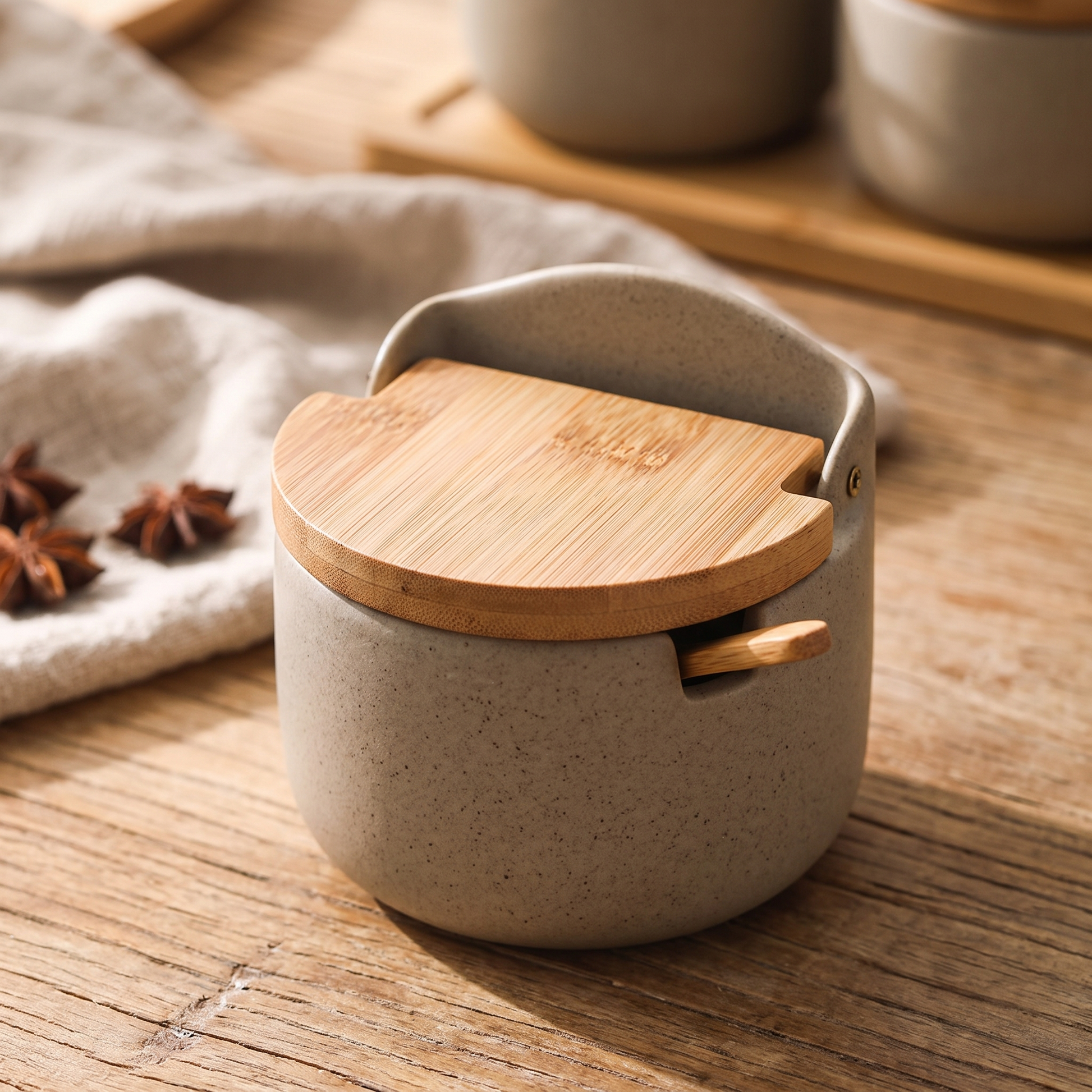 Wabi-Sabi Ceramic Seasoning Jar with Wooden Spoon